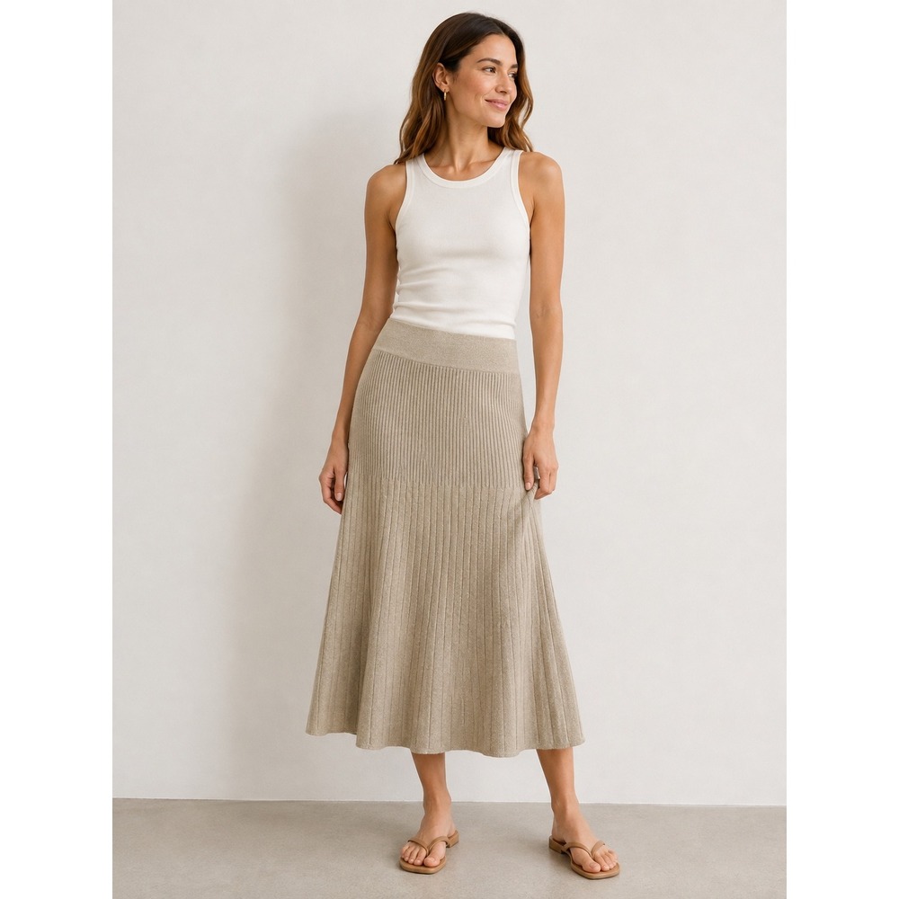 Vince Metallic Ribbed Knit Skirt XL Gold Shimmer Midi Holiday